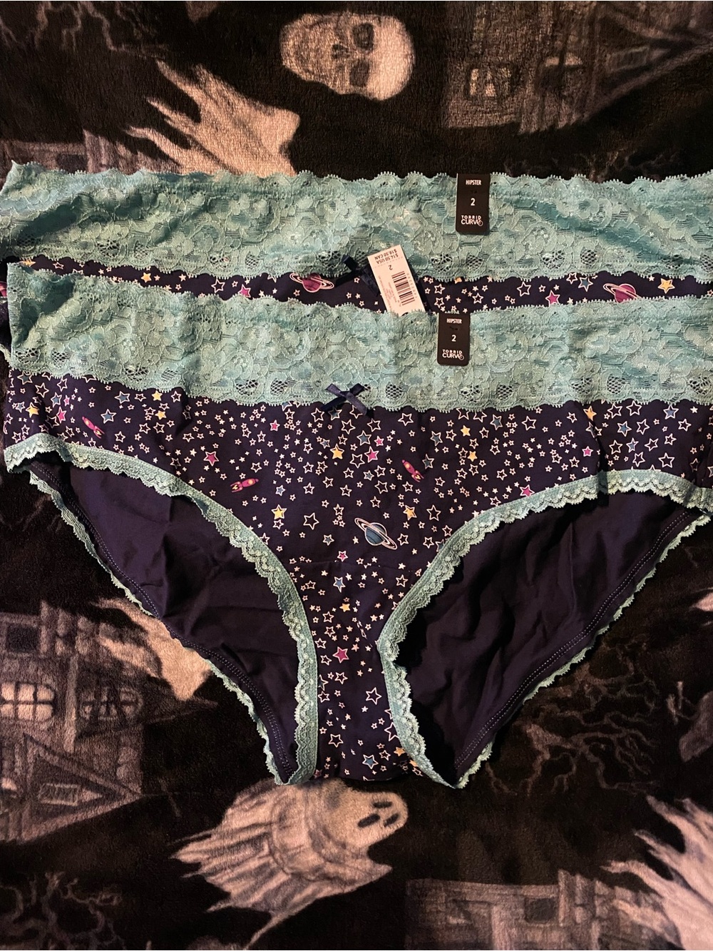 torrid Navy Space-Print hipster Panties with Aqua Lace Trim